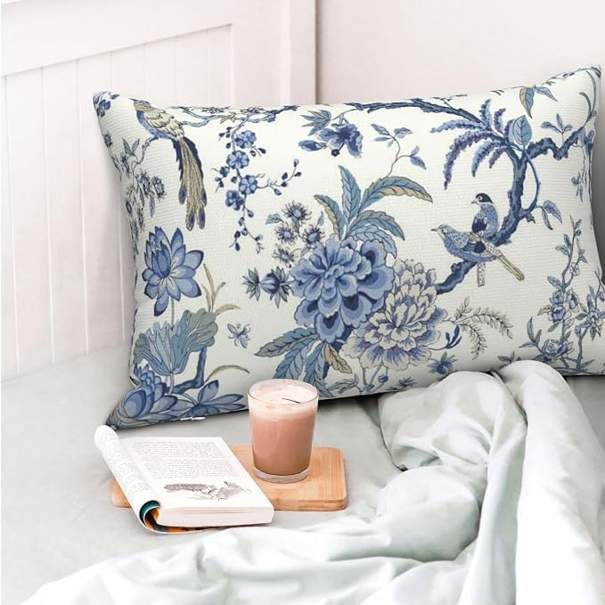 Chinoiserie Floral Bird Pillow Covers 12x20 Set of 2 Blue Chinoiserie Flowers Decorative Pillow Cases Outdoor Blue and Cream Throw Pillows Farmhouse Linen Cushion Cases for Couch Home Decor