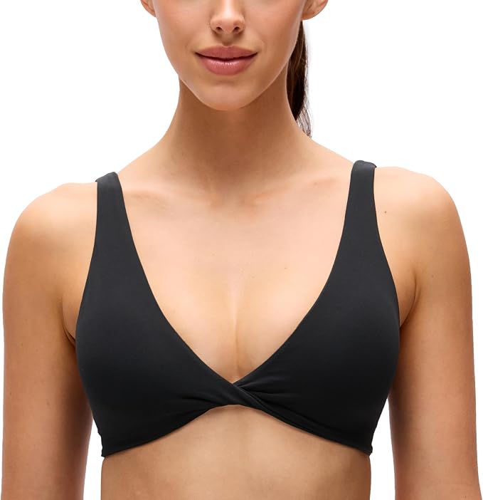 CRZ YOGA Butterluxe Front Twist Deep V Neck Sports Bras for Women - Wide Straps Padded U Back Yoga Crop Top