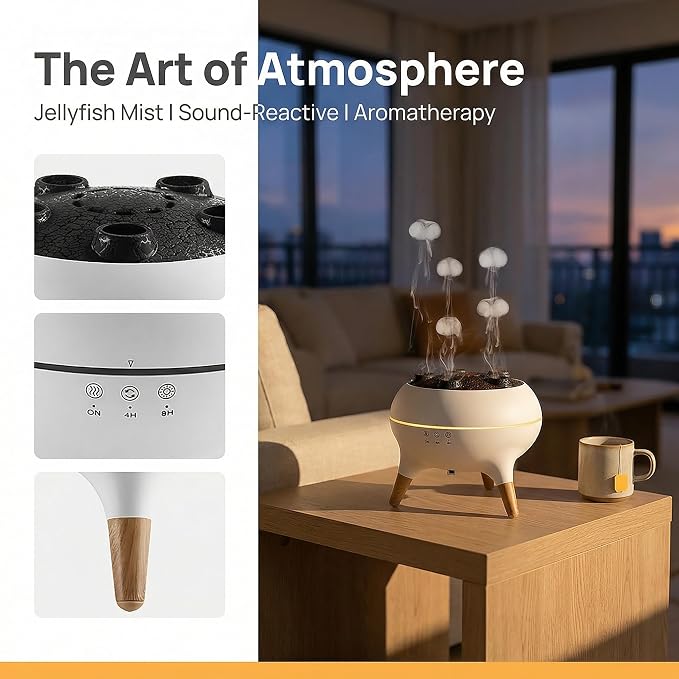 ACOBOTOW Essential Oil Diffuser 250ML Sound-Activated Jellyfish Ultrasonic Aromatherapy Humidifier Remote Timer 7 Color Lights for Home Bedroom Office Hotel(White)