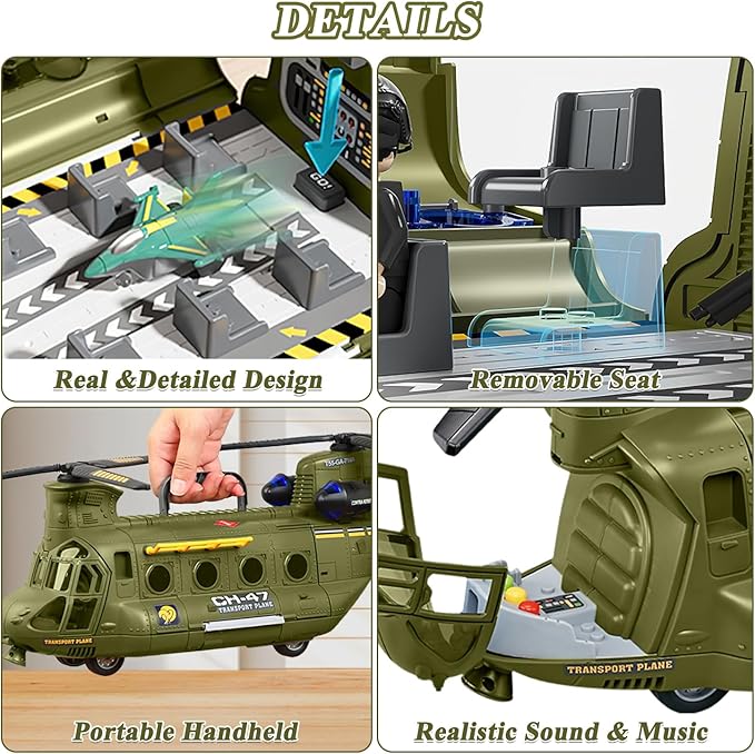 Military Helicopter Toys Set with Light - Friction Powered Transport Helicopter Toy with Army Tanks, Airplanes, Mini Cars - Army Toys Military Playset Christmas Birthday Party Gifts for Kids
