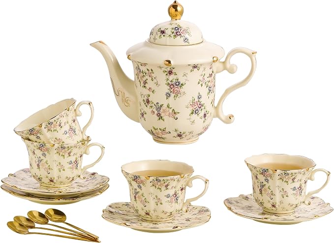 TATSUMI Country Roses Porcelain Tea Set, European Ceramic tea set for adults,Vintage Style, For Women and Tea Parties (Yellow, 13 Pieces Set)