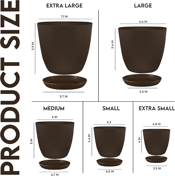 Plant Pots Indoor with Drainage, 5 Pack Multi-Size Planters Set, Brown | Drainage holes included Multiple sizes 7/6.6/6/5.3/4.8 In Indoor plants and flowers Durable plastic construction
