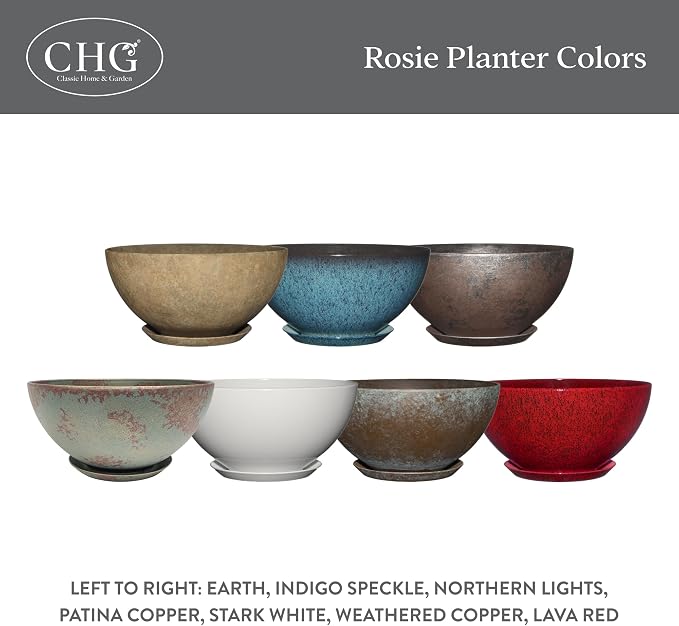 Classic Home and Garden Rosie Modern Planter w/Drainage - Contemporary Planter Bowls - Shallow Round Vases for Small Plants - Versatile Indoor & Outdoor Pots (10” Patina Copper)