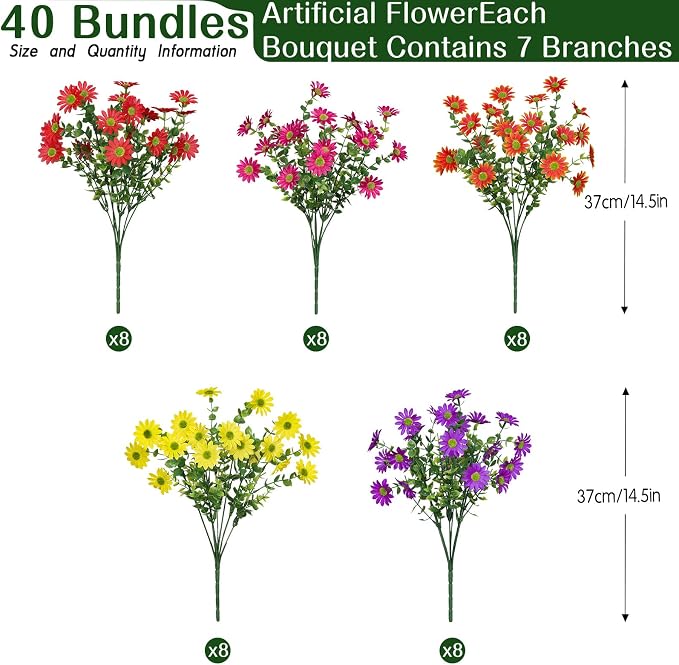 Alupssuc 40 Bundles Artificial Daisies Flowers Fake Silk Plant for Indoor Outdoor Decor, UV Resistant No Fade Faux Spring Flowers for Garden, Porch & Patio Decoration,RedRosyPurpleYellowOrange