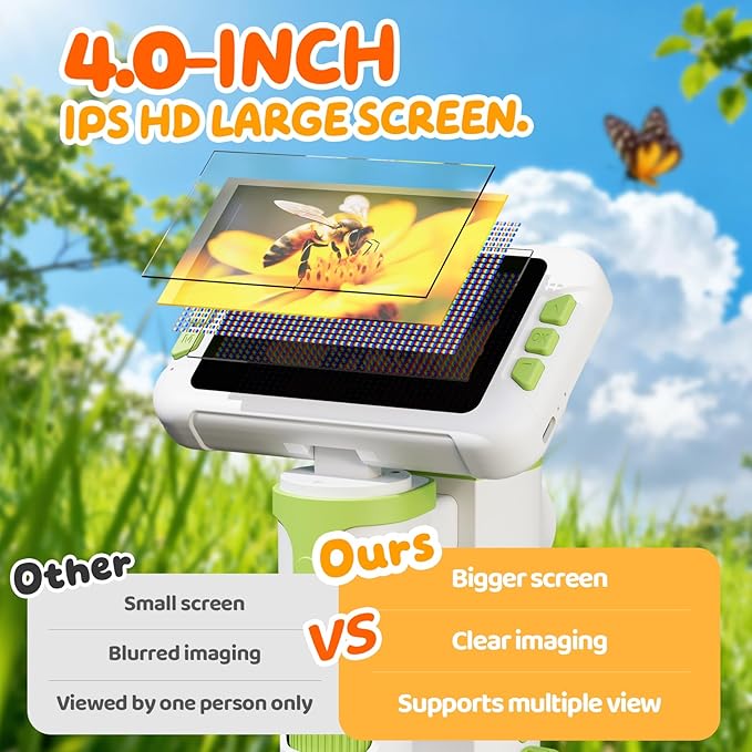 1600X Microscope for Kids, 4K 4.0" Digital Screen Kids Microscopes with Slides Kit, Educational Science Toys for Christmas Birthday Gifts for 3-14 Year Old Children Students