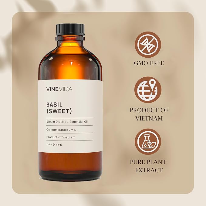 VINEVIDA Sweet Basil Essential Oil 4 oz - Undiluted Oil - DIY Candle Scents - Bulk Oil for Soap Making