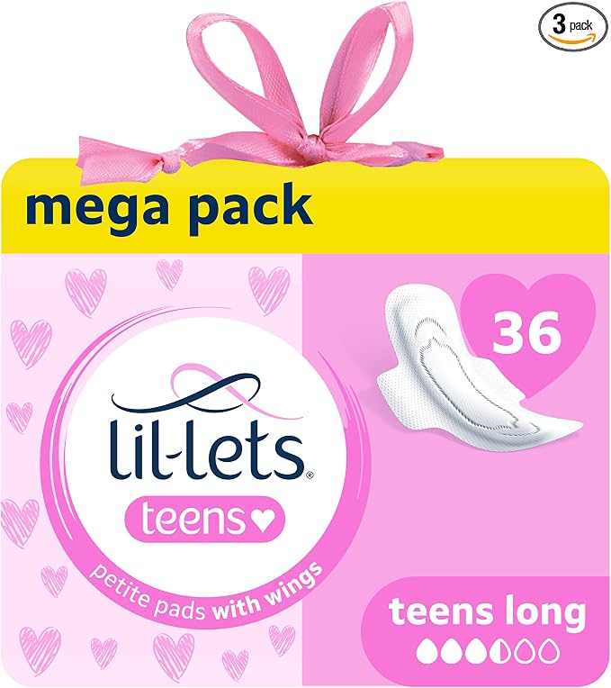 Lil-Lets Teens Long Pads with Wings - 36 Count Period Pads for Teens - Thin, Super Absorbent Sanitary Napkins, Soft & Breathable, Fragrance-Free - First Periods, Medium to Heavy Days