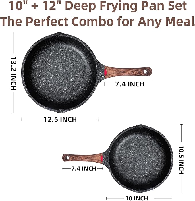 Vinchef 10" & 12" Nonstick Ceramic Frying Pan Set with Lids, 2-Pack | Black German 3C+ toxin-free ceramic PFOA/PTFE-free Induction/gas compatible Heat indicator handles Lightweight die-cast set