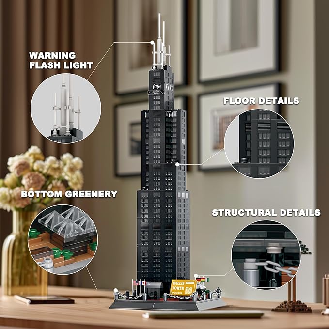 Willis Tower Chicago Architecture Model Building Block Sets,World Famous Landmark Series Toys Gitf for Kids Adults 1241 Pieces