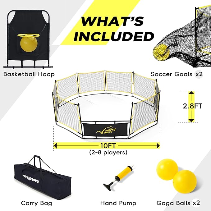 3-in-1 Portable Gaga Ball Pit with Hoop & Goals, 10ft Outdoor Game for Camp, School & Family Fun(10FT-Yellow&Black)