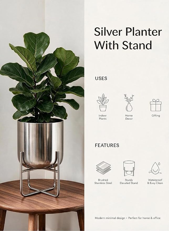 Serene Spaces Living Gold Planter with Detachable Metal Stand, Decorative Indoor Planter Pot, Flower Pots Stand for Living Room, Kitchen, Office, in 3 Sizes (Silver - Short)