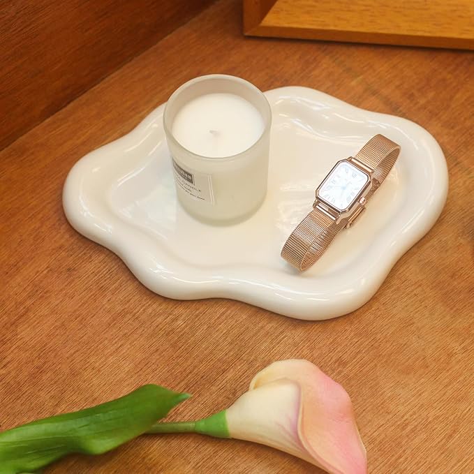 CCINPPY Ceramic Cloud Jewelry Tray Trinket Dish Key Bowl Nightstand Decor | Decorative Small Desk Tray Jewelry Plate Key Holder Bowl Cute Bedroom Room Decor Aesthetic, Gift for Women, White, Medium
