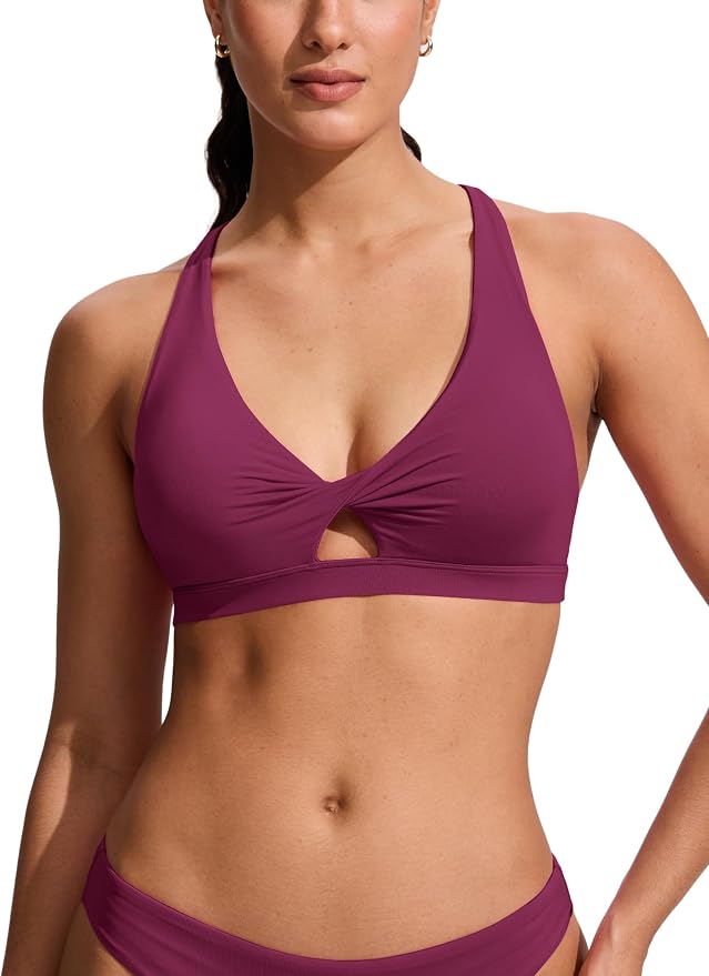 CRZ YOGA Twist Front Cut Out Bikini Tops for Women - Padded V Neck Spaghetti Strap Criss Cross Swim Bathing Suit Bra