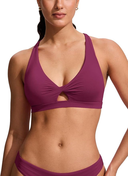 CRZ YOGA Twist Front Cut Out Bikini Tops for Women - Padded V Neck Spaghetti Strap Criss Cross Swim Bathing Suit Bra