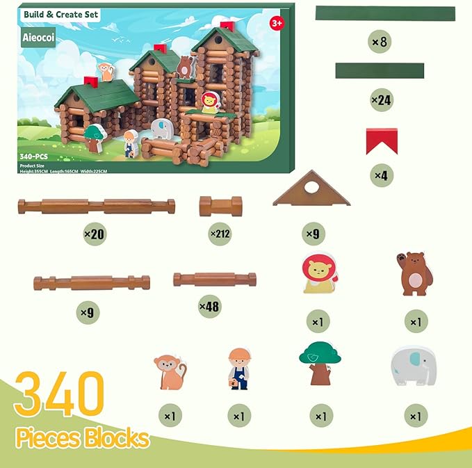 340 Pieces Wooden Log Cabin Ages 3+ Preschool Education Toy Building Log Gift for Boy/Girl Creative Construction Engineering Real Wood Logs (340PCS)