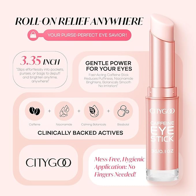 CITYGOO Caffeine Eye Cream Stick: Anti-Aging Firming & Dark Circles Moisturizing Balm for Puffiness & Eye Bags - Travel-friendly for Women (Caffeine Pink 3g)