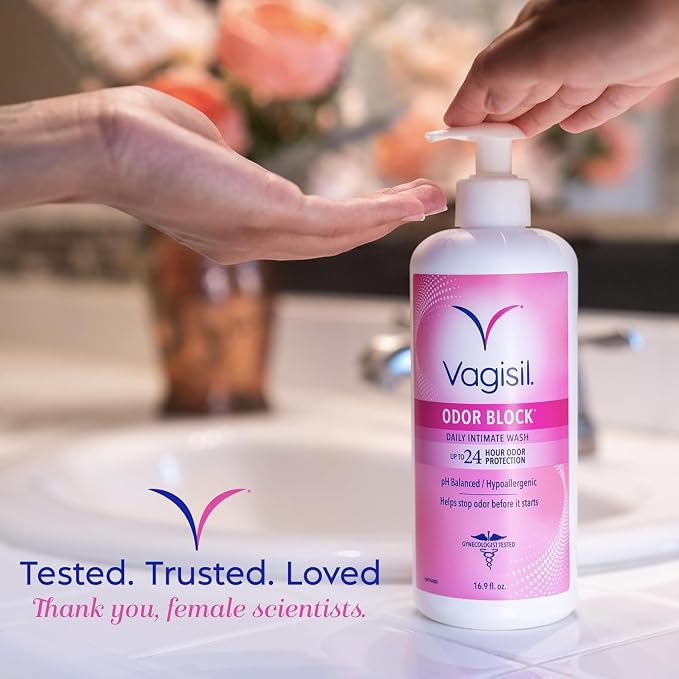 Vagisil Feminine Wash for Intimate Area Hygiene, Odor Block, Gynecologist Tested, Hypoallergenic, 16.9 oz with Pump (Pack of 2)