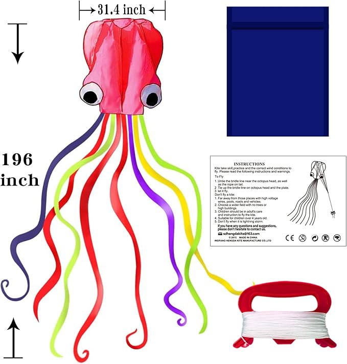 Hengda Kite Soft Octopus Kite Series, Beautiful Kite with Long Colorful Tail for Kids and Adults, Easy to Fly Beach Kites, Excellent Outdoor Games and Activity Toys, Suitable for Beginners.