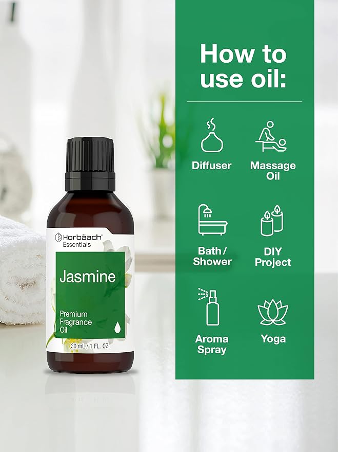 Horbäach Jasmine Fragrance Oil | 1 fl oz (30ml) | Premium Grade | for Diffusers, Candle and Soap Making, Aroma Spray, DIY Projects & More