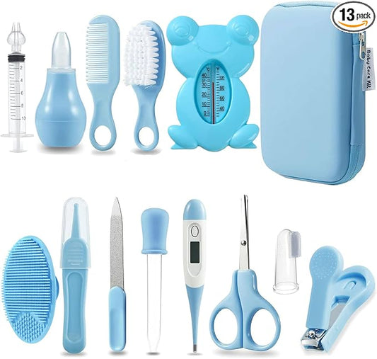 PandaEar Baby Healthcare and Grooming Kit, Baby Safety Set Baby Comb, Brush, Finger Toothbrush, Nail Clippers, Scissors, Nasal Aspirator, Baby Essentials Nursery Care Kit (13-in-1 Blue)