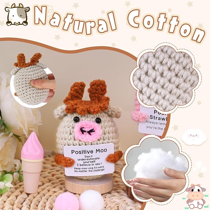 PARTY TONIGHT Funny Positive Crochet Animals Cow Gifts,Handmade Knitted Positive Moo for Women Men Lover Emotional Support Crochet Cow Inspirational Birthday Office Home Decor