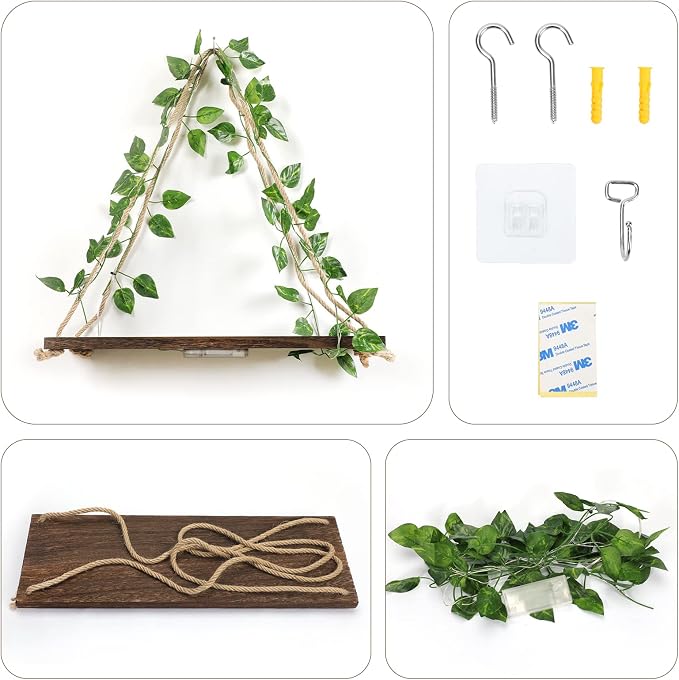 Floating Shelves for Wall,Hanging Shelves,Room Decor,Wall Decor,Boho Decor | Floating Shelves No Drill,Trinket Shelf,Cottage Core Wall Decor,2-Pack Shelf Set Includes Artificial Ivy & LED Lights