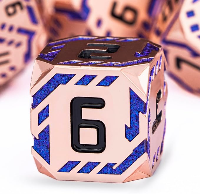 Metal DND Sci-fi Dice Set 7PCS Stripe Polyhedral Dice for Dungeons Dragons RPG Role Playing Game, Glitter D and D Dice with Gift Box D6 D8 D10 D12 D20 (Copper Blue)