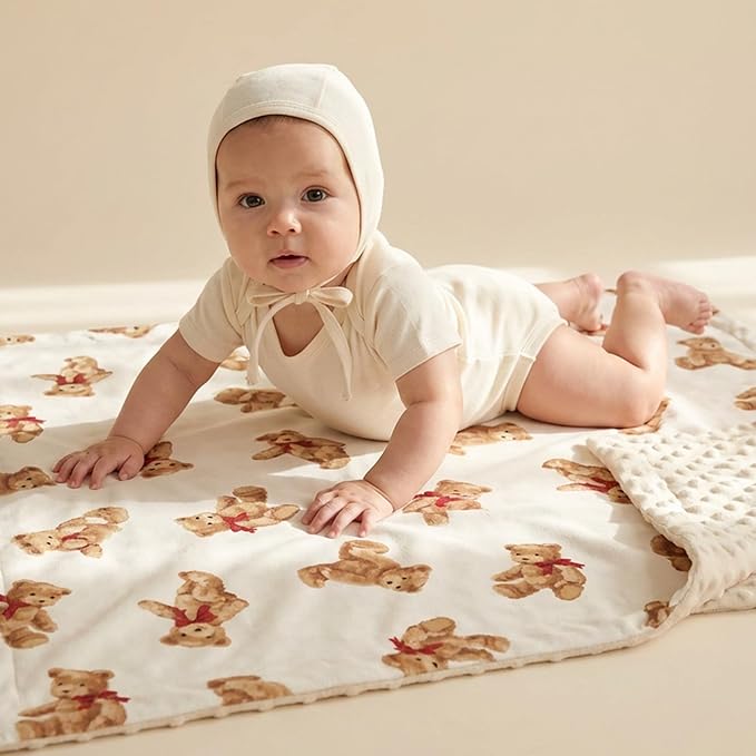 Bear Minky Baby Blanket, Ultra Soft Cozy Nursery Blanket for Unisex Boys Girls, Fluffy Toddler Infant Newborn Warm Nursery Bed Blankets for Crib Stroller or Carseat, 30”×40”, Beige