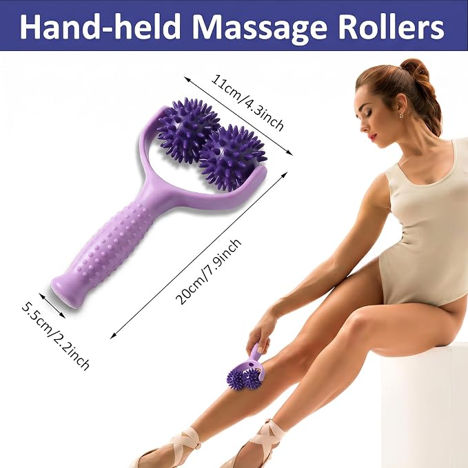 Handheld Spiky Massage Balls Rollers, 2 Wheel Spiky Massage Ball Rollers Silicone Manual Massage-Roller with Handle Pressure Point Muscle Massages Tool for Foot Arm Body Neck Leg Pain Pressure Relief