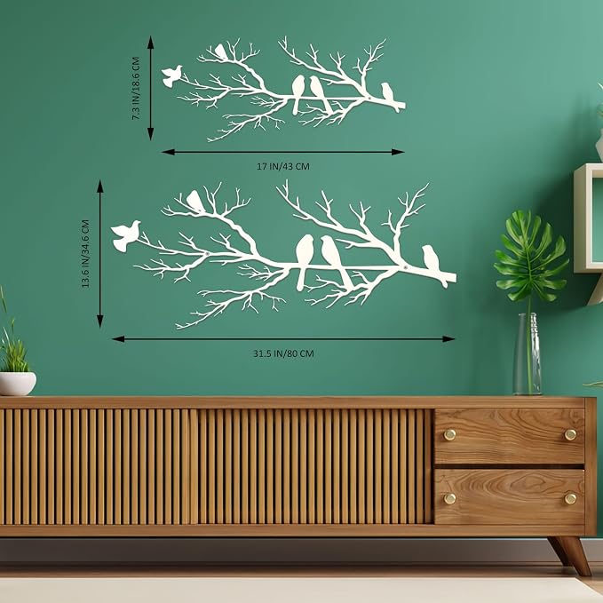 ESTART Metal Birds Wall Art, Metal Vivid Birds on Branch Silhouette Wall Decor White Leaves with Bird Outdoor Hanging Wall Sculpture for Home Living room Bedroom Balcony Garden (White, Small)