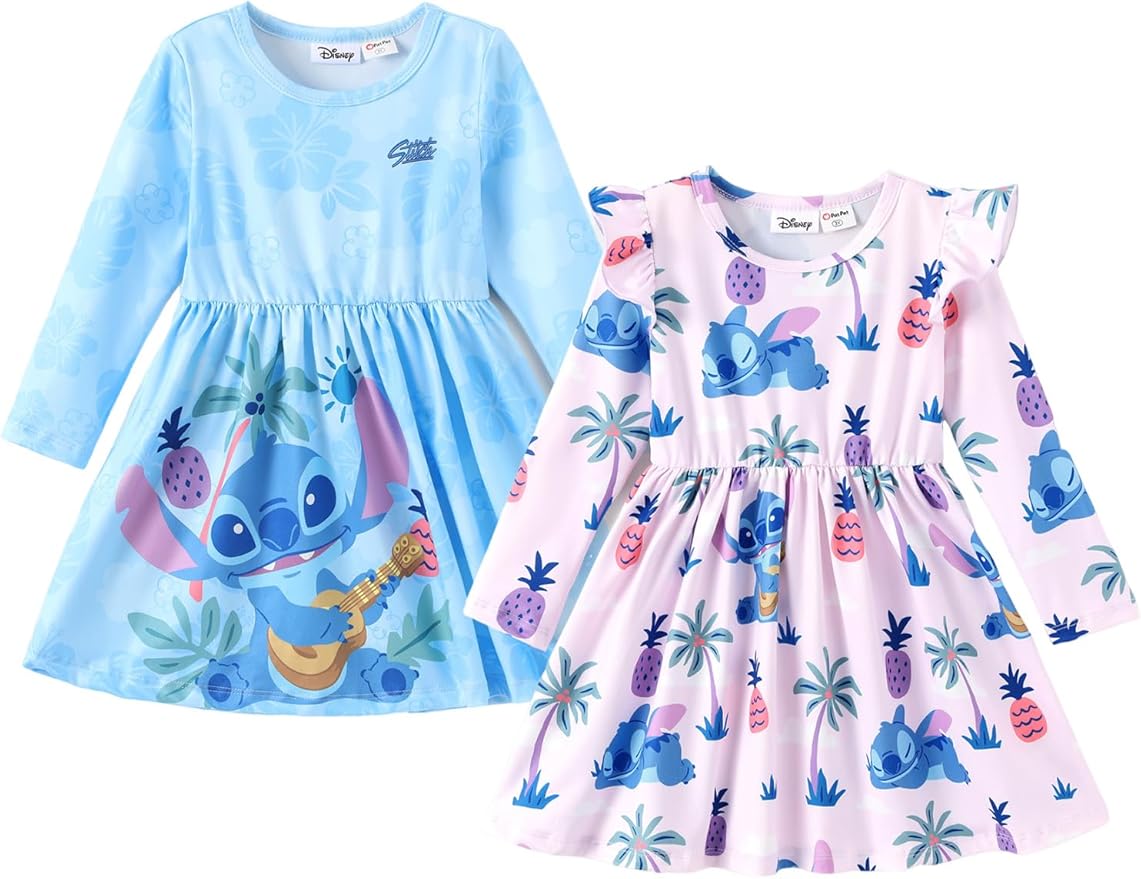 Disney Frozen Elsa Stitch Princess Minnie Mouse Toddler Girl Dresses 2 Pack Ruffle Long Sleeve Dress Set (3 Months - 6 Years)