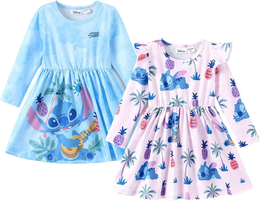 Disney Frozen Elsa Stitch Princess Minnie Mouse Toddler Girl Dresses 2 Pack Ruffle Long Sleeve Dress Set (3 Months - 6 Years)