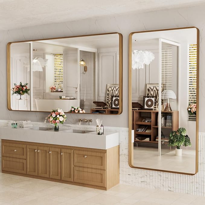 LOAAO 72X36 Inch Bathroom Mirror with Wood Grain Colored Metal Frame | Rounded Rectangle Metal Framed, Anti-Rust, Hangs Horizontally or Vertically, Tempered Glass