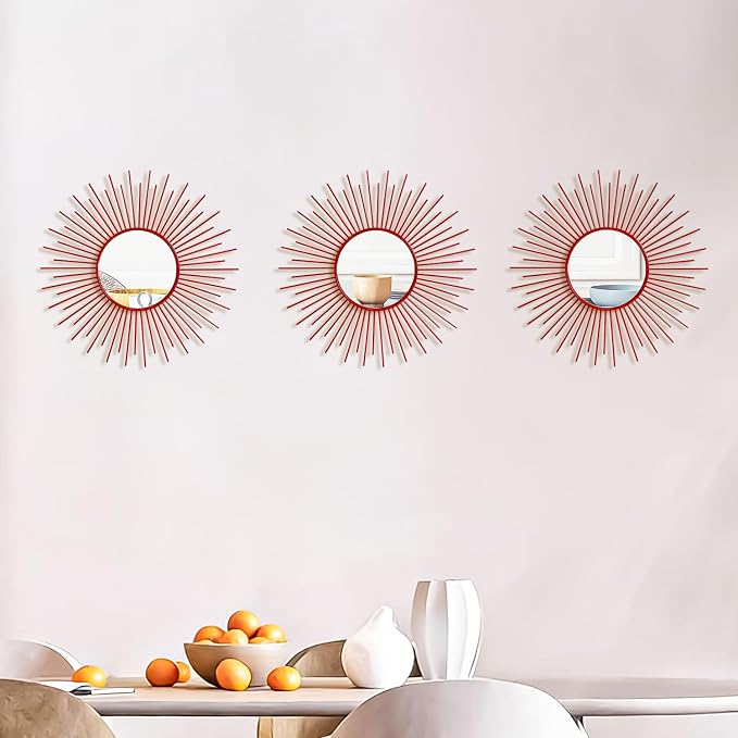 3 Pack Metal Mirrors for Wall Sunburst Wall Mirrors Home Décor Decorative Hanging Wall Art for Living Room Bedroom Entryway (Red, Sunburst)