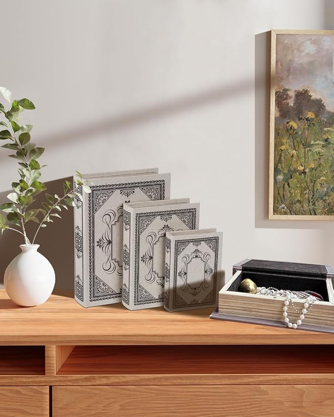 Decorative Wooden Book Box Set of 3 - Vintage Faux Book Boxes for Home Decor, Secret Storage with Magnetic Closure, Antique Style, Linen Cover Design, Perfect for Home Office Bookshelf
