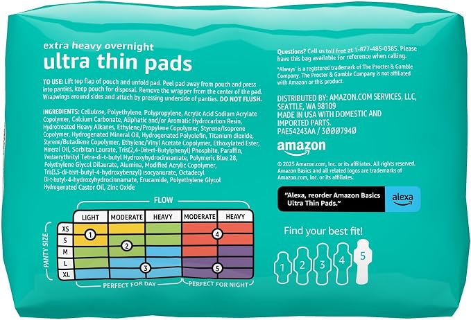 Amazon Basics Extra Heavy Overnight Feminine Pads for Women, Ultra Thin with Flexi-Wings, Unscented, Size 5, 96 Count (4 Packs of 24)