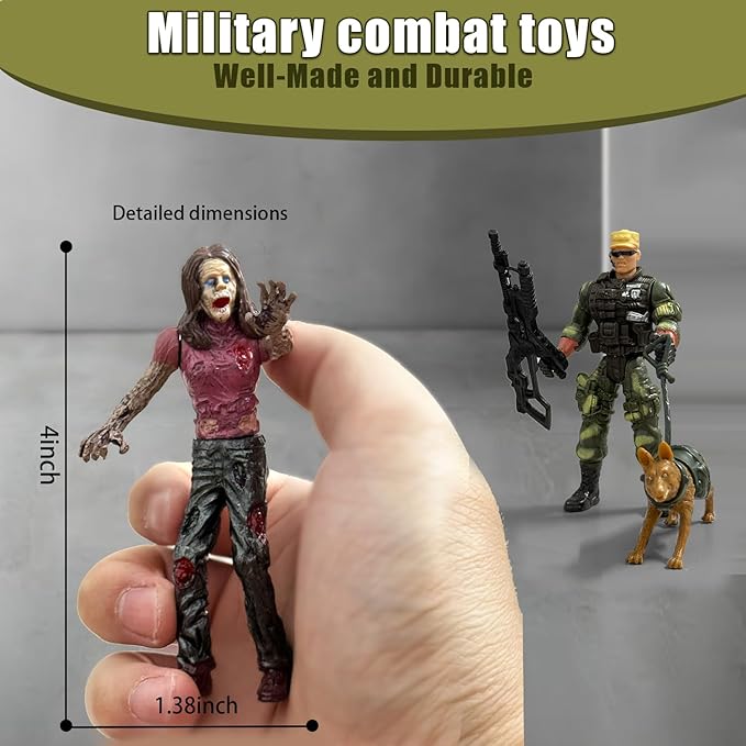 Army Men VS Zombie Action Figures, Realistic 6 Zombie Toys Playset 6 Army Toy Set with Weapons 2 Dog Figures, Halloween Decor Birthday Gift for Boys 3+ (14PCS)