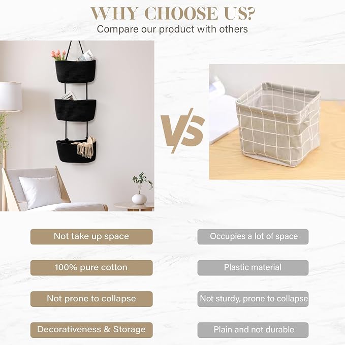 TeoKJ Over the Door Hanging Basket, 3-Tier Woven Cotton Wall-Mounted Storage Organizer Bag Decorative Hanging Nursery Baskets, Black