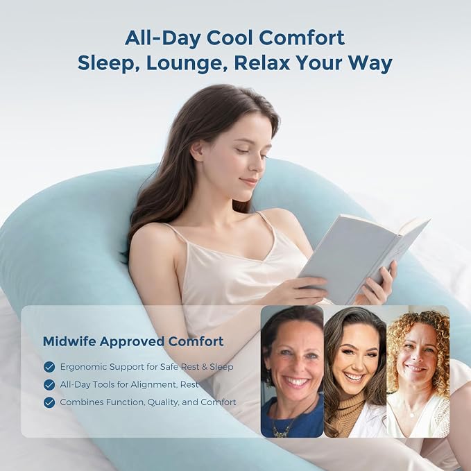 Momcozy Pregnancy Pillows with Cooling Cover, U Shaped Full Body Maternity Pillow for Side Sleepers - Support for Back, Legs, Belly, HIPS for Pregnant Women, 57 Inch Pregnancy Pillow, Mist Blue
