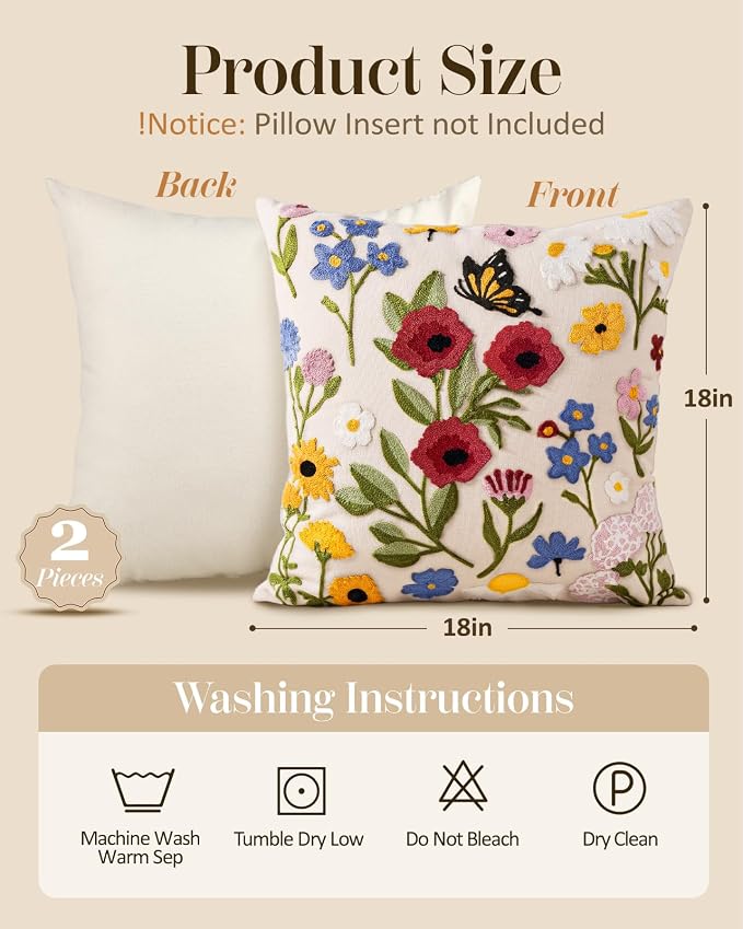 Embroidered Throw Pillow Covers 18x18 Inch, 2Pack, Retro Flower | Decorative Pillow Covers Set of 2, Vintage Boho Cushion Cases with Hidden Zipper, Floral Decor for Couch, Sofa, Living Room