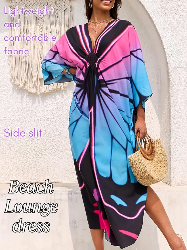 ChiaoLezhee Print Moo-Moos for Women, Kaftan Cover-Up Dresses, Sexy V-Neck High-Slit, Beach Pool-Party Coverups Muumuu Plus