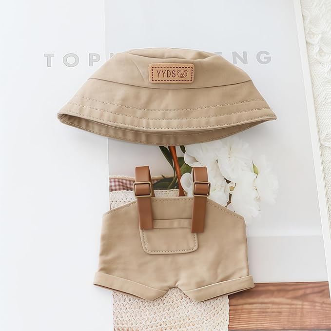 Clothes for Dolls Accessories, Stylish Kawaii Overalls Outfit Set 4 Pieces Bib Pants for 15cm 17cm Doll, Cute Doll Hat Shoes Clothing Set Replacement Khaki