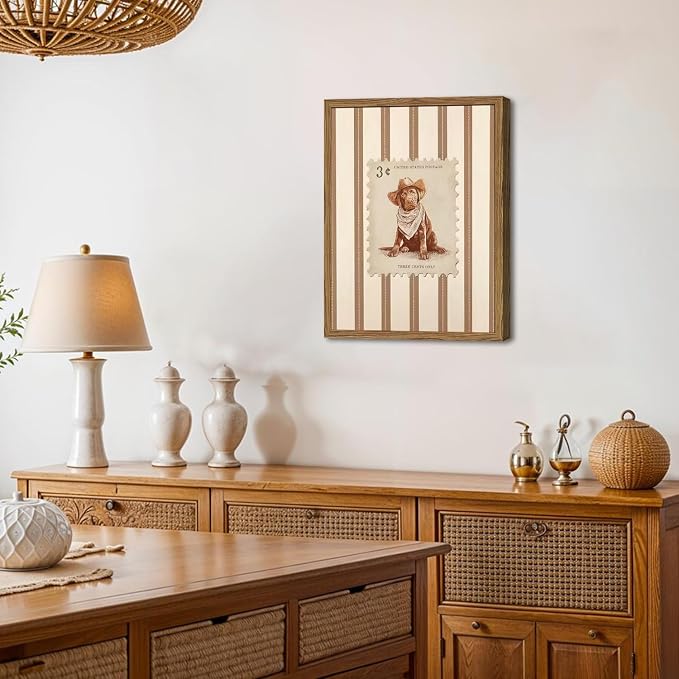Western Cowboy Dog Wall Art, Vintage Striped Animal Southwestern Wall Decor Pictures Retro Southwest Cowboy Poster Painting Canvas Print for Living Room Bedroom 16x24 Inch Wood Framed