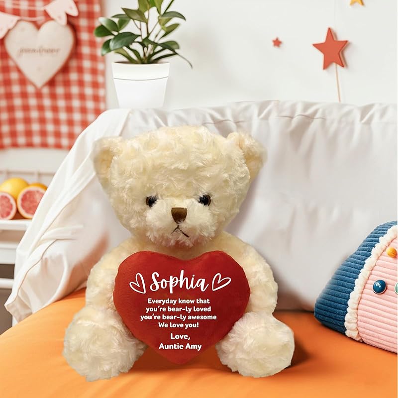Personalized Teddy Bear Stuffed Animal with Heart, 9.8 Inch Custom Bear Plush with Name Text Logo, Christmas Birthday Gift for Girls Kids Adults Valentines Graduation Keepsake