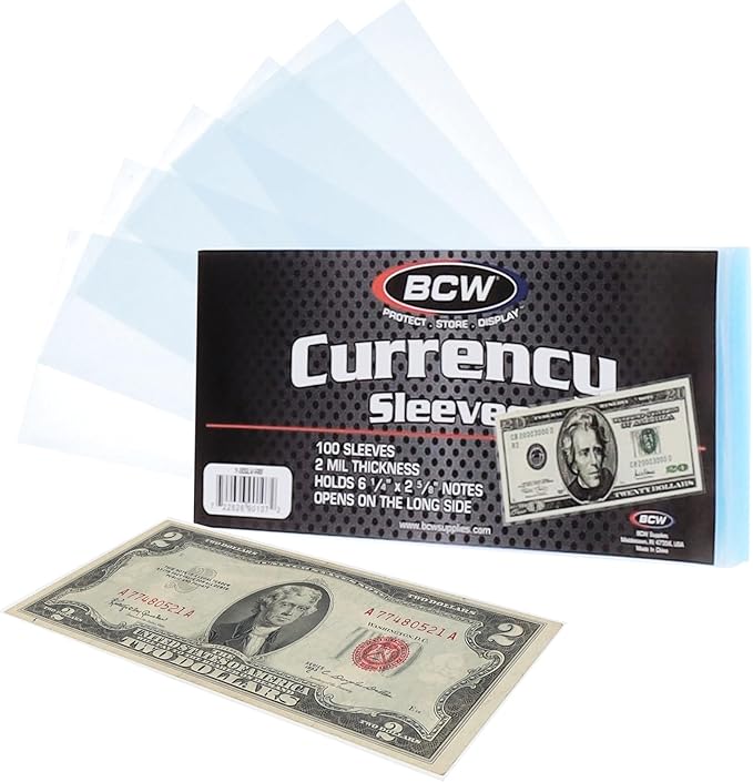 BCW Regular Bill Currency Sleeves – 100 Pack | Thin, Low-Bulk, Acid-Free Polypropylene Sleeves for US Paper Currency | Clear Protective Sleeves for Handling