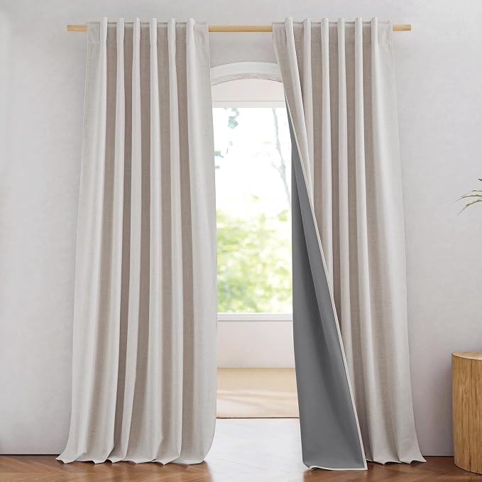NICETOWN 100% Blackout Brich Linen Curtains for Dingning Room 90 inches Long, Thermal Insulated Window Treatments with Privacy Liner, 2 Panels, 52" W, Noise Reducing Blend Drapes for Living Room