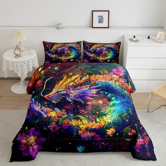 Feelyou Dragon Comforter Set Queen Size Flower Dragon Comforter for Boys Girls Teens Wild Life Bedding Set Dragon Decor Duvet Set Room Decor Clorful Quilt Set