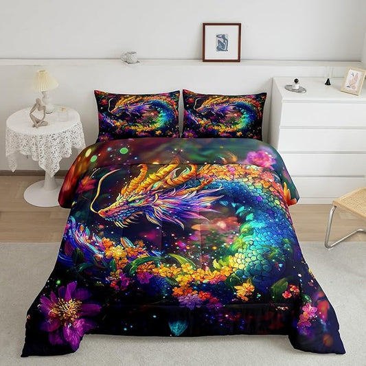 Feelyou Dragon Comforter Set Queen Size Flower Dragon Comforter for Boys Girls Teens Wild Life Bedding Set Dragon Decor Duvet Set Room Decor Clorful Quilt Set