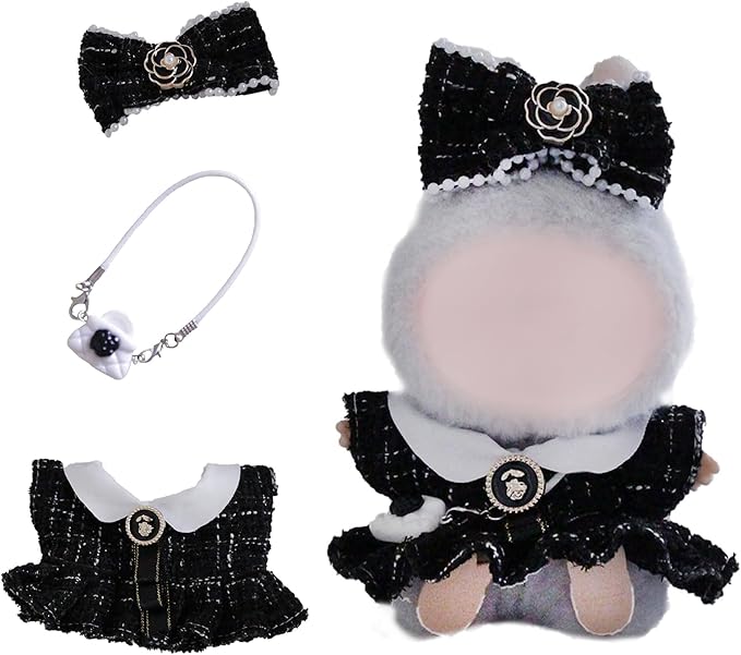 17cm Doll Clothes Set and Accessories Suit,(NO Doll) 3-Piece Set, Clothes for Labubu, Little Fragrant Style, Dolls Keychain Accessories, Includes Dress, Matching Hair Bow, Bags(Black)