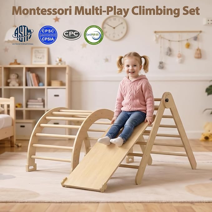 Large Pikler Triangle Set, 7-in-1 Toddler Climbing Toys Indoor, Wooden Montessori Climbing Set with Arch Ramp Ladder, Foldable Baby Jungle Gym Playground (Wood Natural)